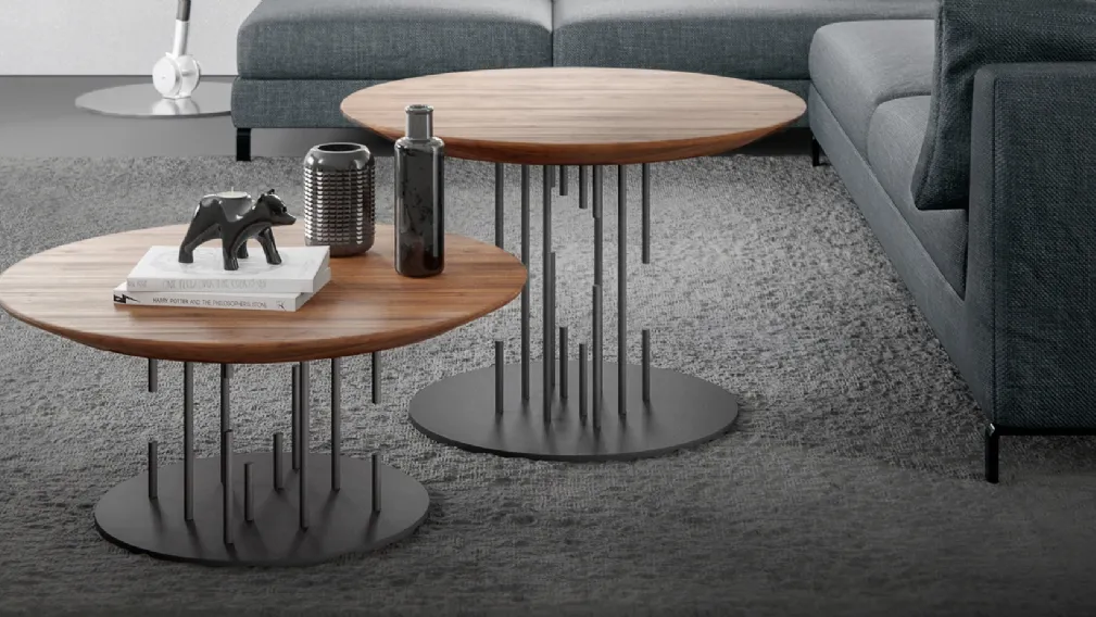 Tavolino con top rotondo in legno e base in acciaio Duspaghi TA di Ambiance Italia