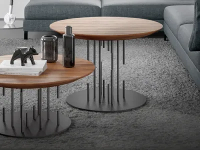 Tavolino con top rotondo in legno e base in acciaio Duspaghi TA di Ambiance Italia