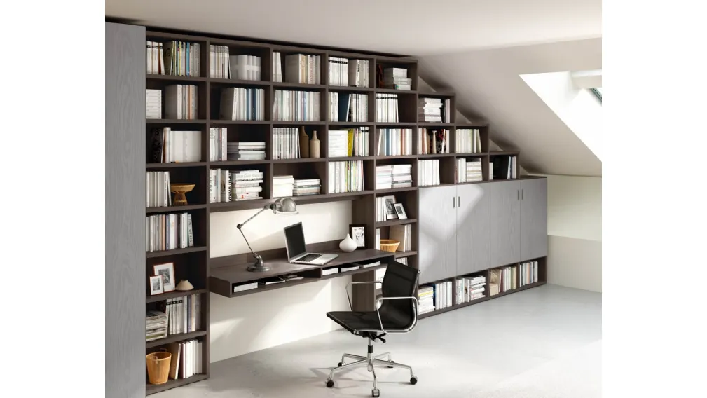 Libreria Living 72D in legno composta da vani a giorno e ante in materico finitura cemento di Ferrimobili