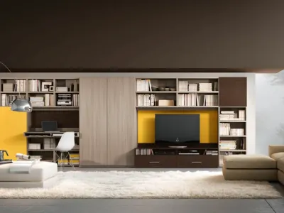 Parete Attrezzata Living 73D include una scrivania, una libreria e un mobile per il televisore di Ferrimobili